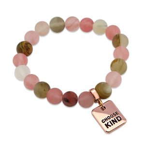 Stone Bracelet - Frosted Watermelon & Tigerskin 10mm Beads- With Rose Gold Word Charms