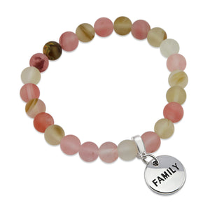 Stone Bracelet - Frosted Watermelon & Tigerskin 8mm Beads - With Silver Word Charms