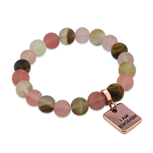 Stone Bracelet - Frosted Watermelon & Tigerskin 10mm Beads- With Rose Gold Word Charms