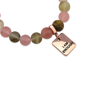 Stone Bracelet - Frosted Watermelon & Tigerskin 10mm Beads- With Rose Gold Word Charms