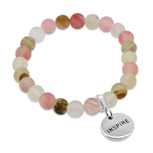 Stone Bracelet - Frosted Watermelon & Tigerskin 8mm Beads - With Silver Word Charms