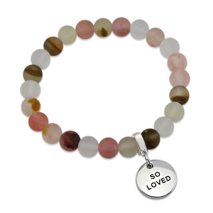 Stone Bracelet - Frosted Watermelon & Tigerskin 8mm Beads - With Silver Word Charms