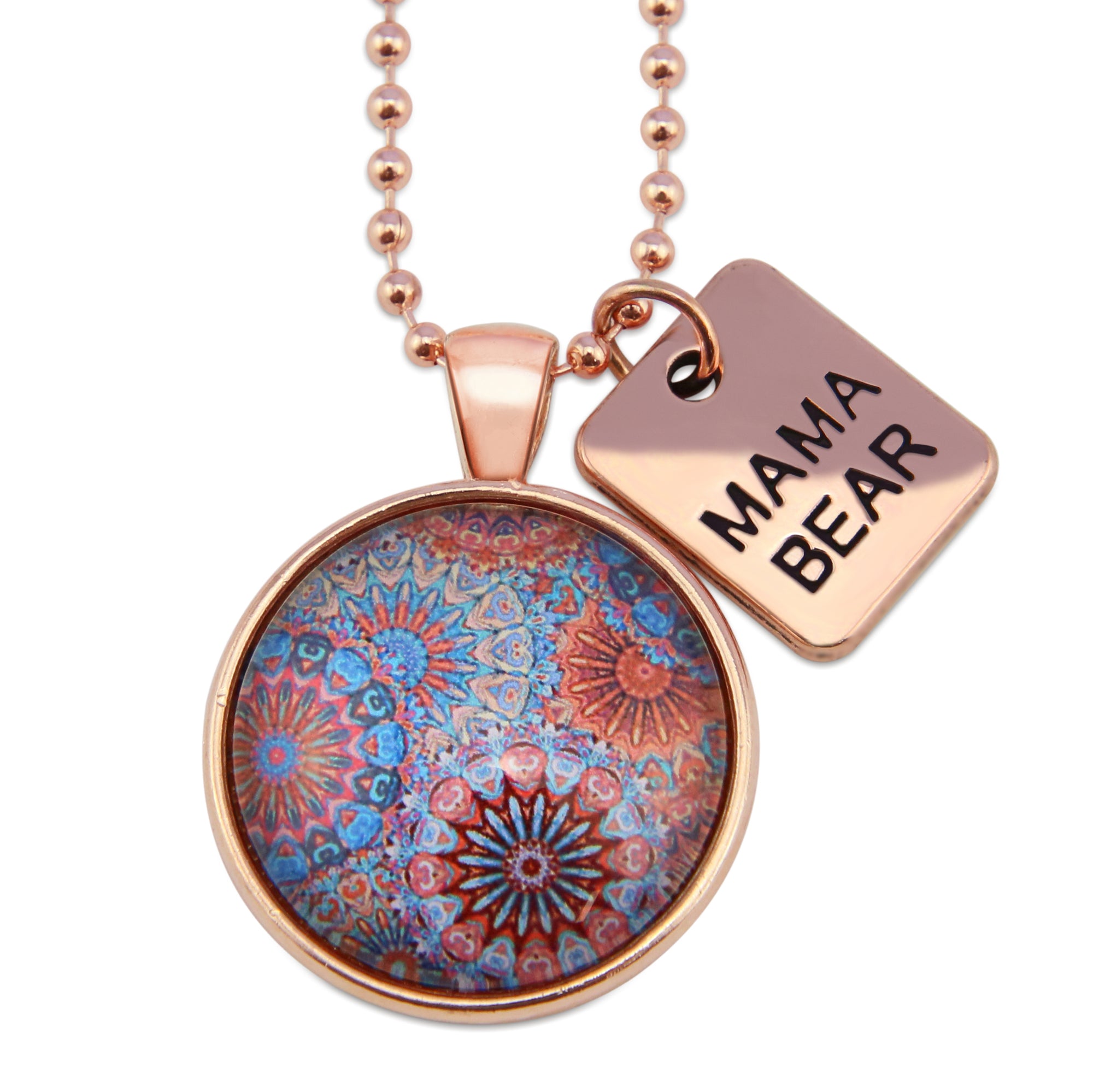 Blue, red and orange patterned print pendant necklace with rose gold ball chain and Mama Bear word charm.