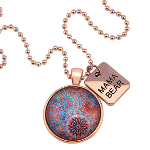 Blue, red and orange patterned print pendant necklace with rose gold ball chain and Mama Bear word charm.