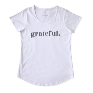 Grateful Tee - White Scoopy - Charcoal Shimmer Print