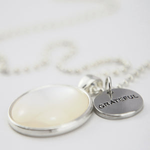 Bright Silver 'GRATEFUL' Necklace - White Pearl Resin (11115)