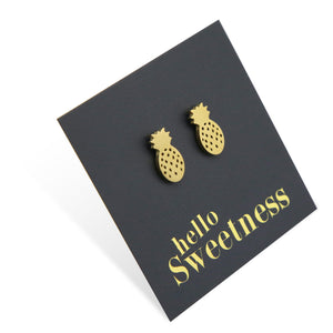 gold hypoallergenic stainless steel pineapple studs on foil hello sweetness