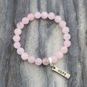 Rose Quartz 8mm stone bracelet with silver hope word charm and clip. 