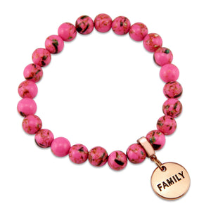 Hot Pink Synthesis Stone 8mm Bead Bracelet with Family Rose Gold Word Charm. Fundraiser for the National Breast Cancer Foundation