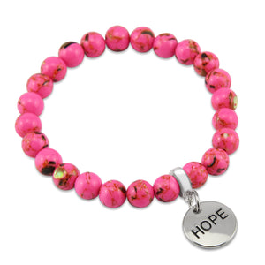 Hot Pink Synthesis Stone 8mm Bead Bracelet with Hope Silver Word Charm. Fundraiser for the National Breast Cancer Foundation