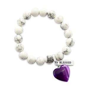 SWEETHEART Bracelet - 10mm WHITE MARBLE with Purple Striped Agate heart charm & Word Charm