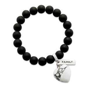 SWEETHEART Bracelet - 10mm MATT BLACK ONYX stone beads with WHITE MARBLE Heart & Word Charm