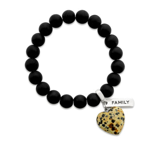 SWEETHEART Bracelet - 10mm MATT BLACK ONYX stone beads with DALMATIAN STONE Heart & Word Charm