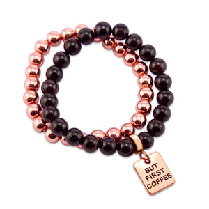 Bracelet Duo! Rose Gold & Garnet bead bracelet stacker set - BUT FIRST COFFEE (10665)