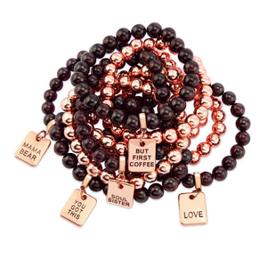 Bracelet Duo! Rose Gold & Garnet bead bracelet stacker set - BUT FIRST COFFEE (10665)