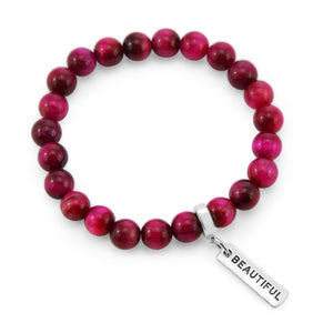 Precious Stone Bracelet - Bright Fuchsia Tigers Eye 8mm Beads - with Silver Word Charms