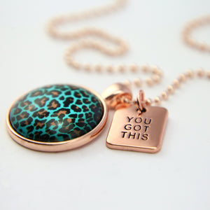 Teal Lagoon Leopard print rose gold pendant necklace with you got this charm. 