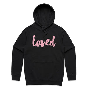 Loved HOODIE - Black with Dusty Blush Pink Print