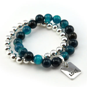 Bracelet Duo! 10mm Oceans Teal Tourmaline & 8mm Silver bead bracelet stacker set - LOVE (10832)