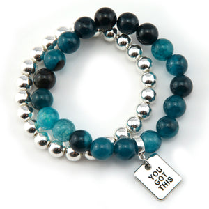 Bracelet Duo! 10mm Oceans Teal Tourmaline & 8mm Silver bead bracelet stacker set - YOU GOT THIS (10835)