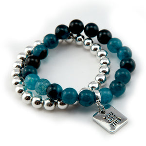 Bracelet Duo! 10mm Oceans Teal Tourmaline & 8mm Silver bead bracelet stacker set - YOU GOT THIS (10835)