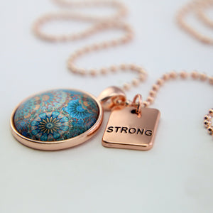 Teal mandala print rose gold pendant necklace with grateful charm. 