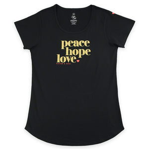 Peace Hope Love - Scoopy Tee - Black with Gold Glitter Print