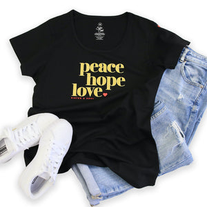 Peace Hope Love - Scoopy Tee - Black with Gold Glitter Print