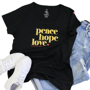 Peace Hope Love - Scoopy Tee - Black with Gold Glitter Print