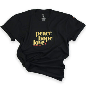 Peace Hope Love - Plus Size Long Boxy Tee - Black with Gold Glitter Print