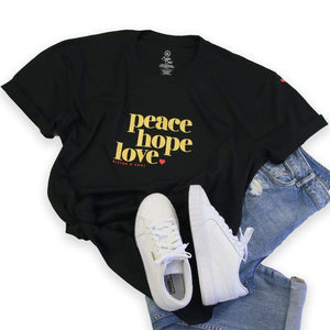 Peace Hope Love - Plus Size Long Boxy Tee - Black with Gold Glitter Print