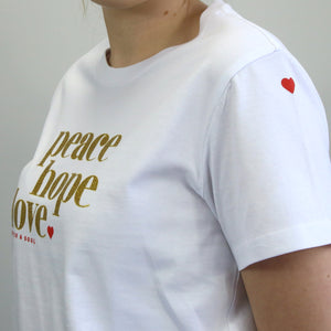 Peace Hope Love - Boxy Tee - White with Gold Glitter Print