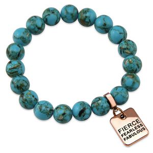 Teal coloured stone bracelet with word charm and rose gold clip. 