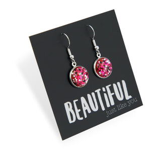 SPARKLEFEST - Beautiful Just Like You - Stainless Steel Vintage Silver Dangles - Pink, Black & Silver Glitter (11712)