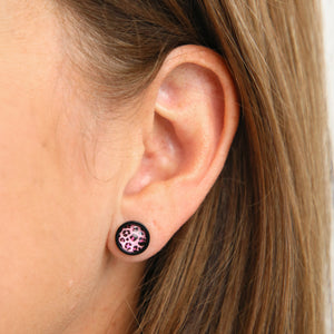 FIERCE FEARLESS FABULOUS - Black Stainless Steel 8mm Circle Studs - Pink Leopard (11834)