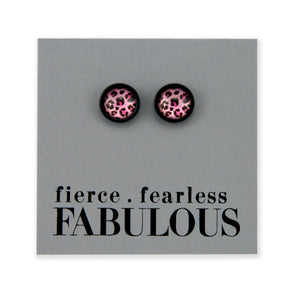 Pink leopard print stainless steel hypoallergenic stud earrings, fierce fearless fabulous display card. 