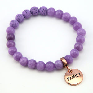 Lava Stone Bracelet -  8mm Purple Agate + Lava Stone beads - with Rose Gold Word Charm