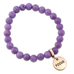 Lava Stone Bracelet -  8mm Purple Agate + Lava Stone beads - with Rose Gold Word Charm