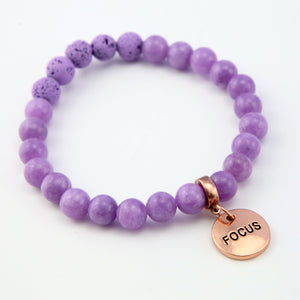 Lava Stone Bracelet -  8mm Purple Agate + Lava Stone beads - with Rose Gold Word Charm