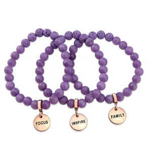 Lava Stone Bracelet -  8mm Purple Agate + Lava Stone beads - with Rose Gold Word Charm