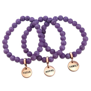 Lava Stone Bracelet -  8mm Purple Agate + Lava Stone beads - with Rose Gold Word Charm