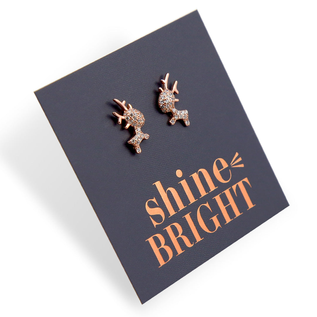 Gorgeous Reindeer - 18k Rose Gold Sterling Silver Studs - Shine Bright (9713)