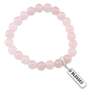 Rose Quartz 8mm stone bracelet with silver blessed word charm and clip. 