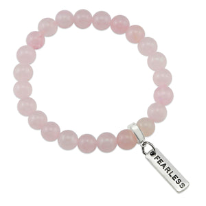 Rose Quartz 8mm stone bracelet with silver fearless word charm and clip. 