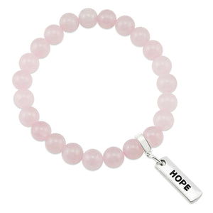 Rose Quartz 8mm stone bracelet with silver hope word charm and clip. 