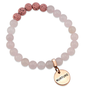 Lava Stone Bracelet -  8mm Rose Quartz Pink Lava Stone beads - with Rose Gold Word Charm