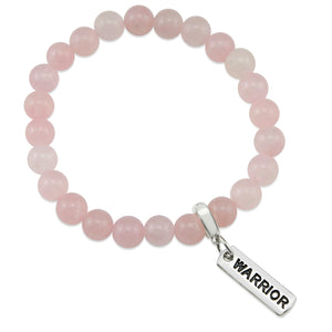 Rose Quartz 8mm stone bracelet with silver warrior word charm and clip. 