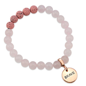 Lava Stone Bracelet -  8mm Rose Quartz Pink Lava Stone beads - with Rose Gold Word Charm