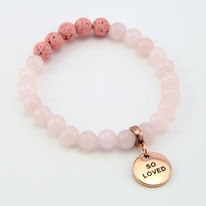 Lava Stone Bracelet -  8mm Rose Quartz Pink Lava Stone beads - with Rose Gold Word Charm