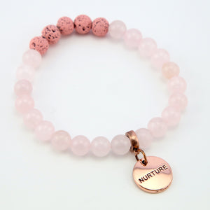 Lava Stone Bracelet -  8mm Rose Quartz Pink Lava Stone beads - with Rose Gold Word Charm